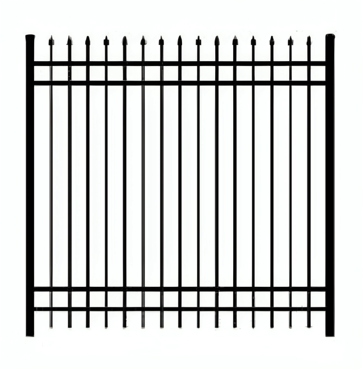 Black metal fence section with vertical bars and pointed tops, framed by two thicker vertical posts on each side, isolated on a white background.