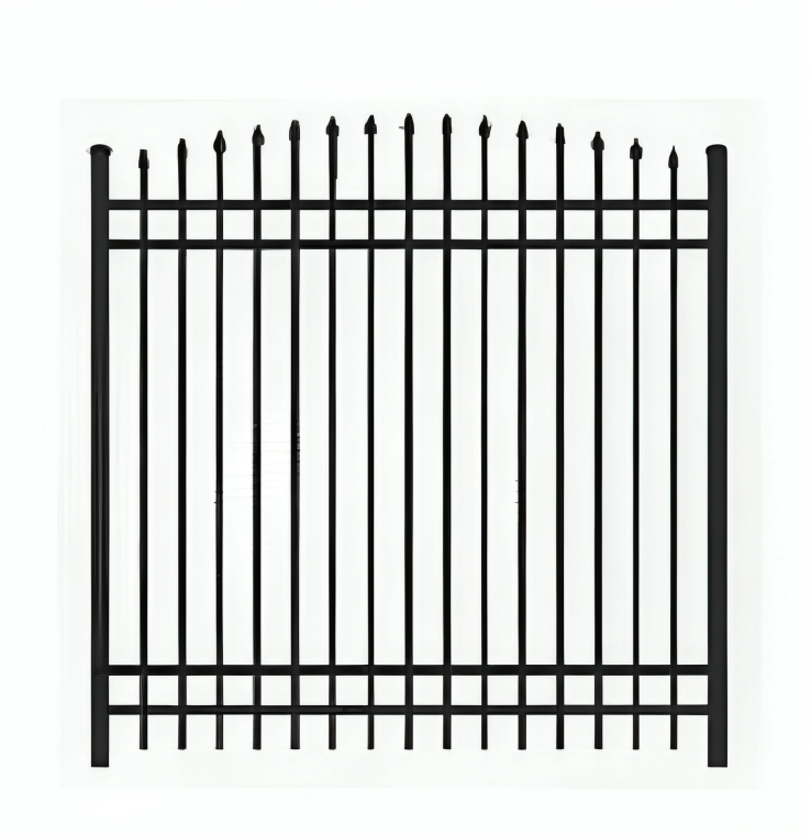 Black metal fence panel with vertical bars and pointed tips, set against a plain white background.