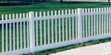 A white picket fence runs alongside a patch of green grass and a concrete sidewalk.