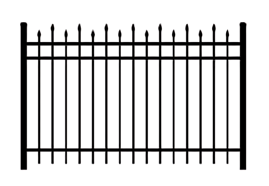Black metal fence with vertical bars and pointed tops, set against a plain white background.