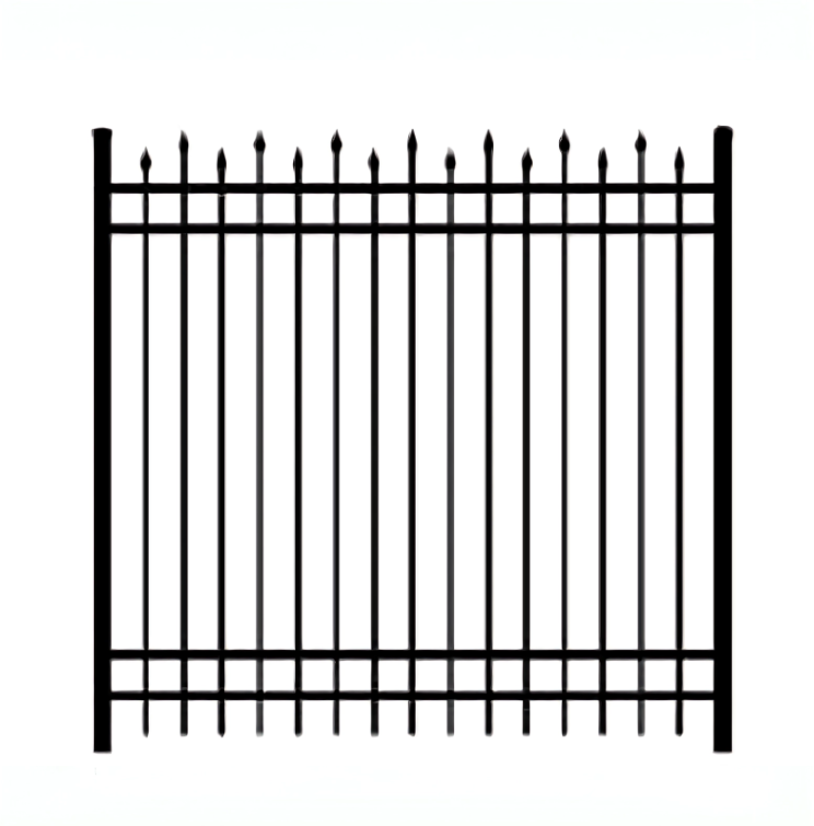 Black metal fence with vertical bars and pointed tips on a white background.