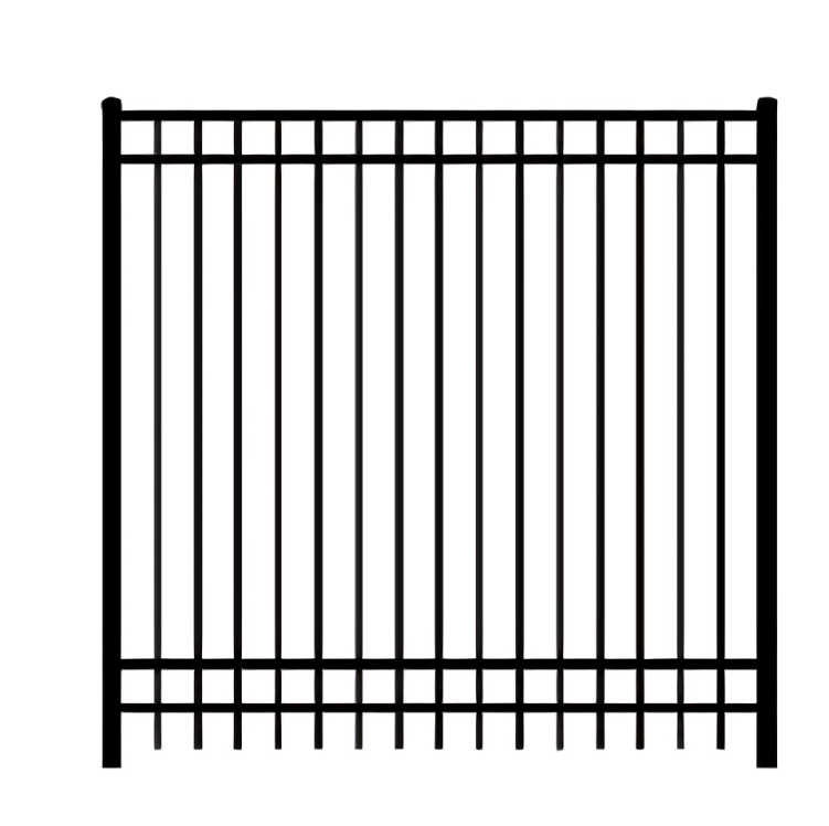 Black metal fence panel with vertical bars and horizontal supports, viewed from the front against a plain white background.