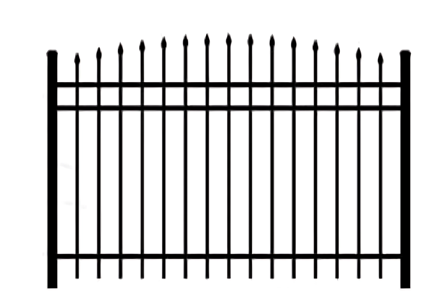 Black metal fence with vertical bars and pointed tips, set against a white background.