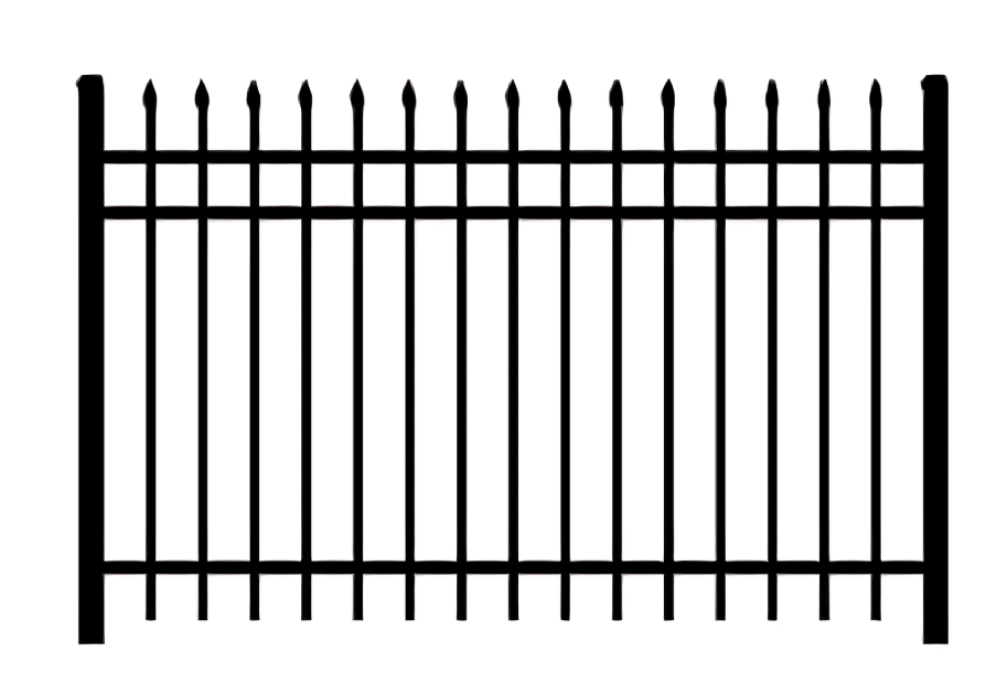 Black metal fence with vertical bars and pointed tops, set against a plain white background.