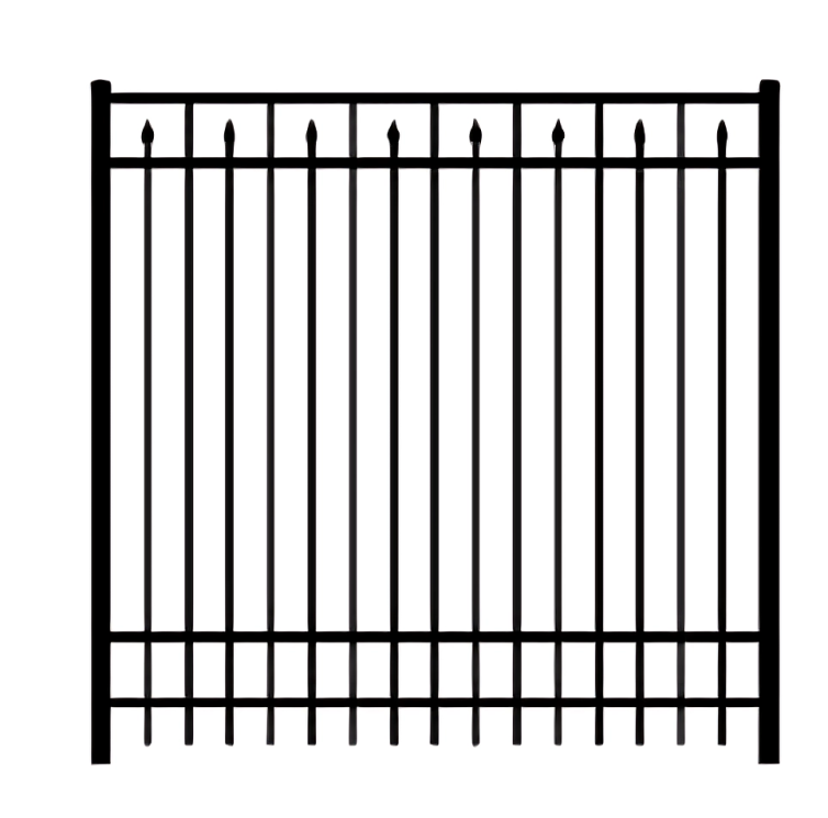 Black metal fence panel with vertical bars and pointed tops, set against a white background.