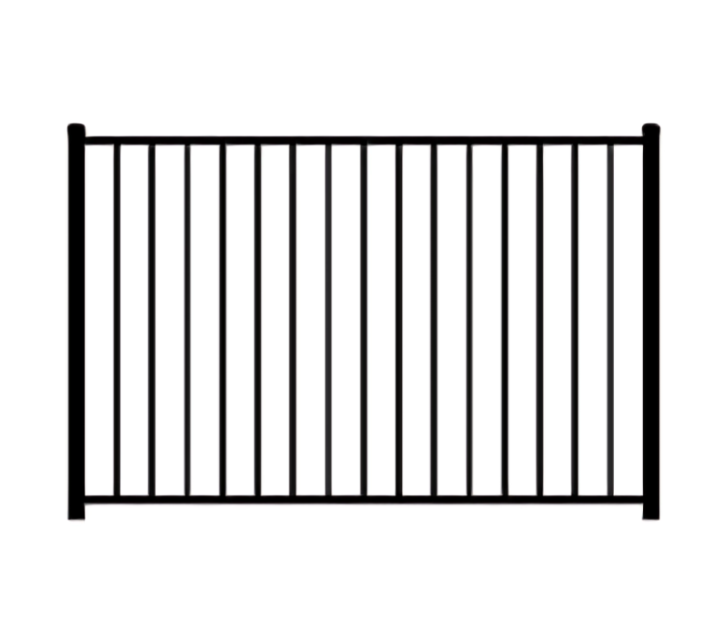 Black metal fence panel with vertical bars and two thicker end posts, set against a plain white background.