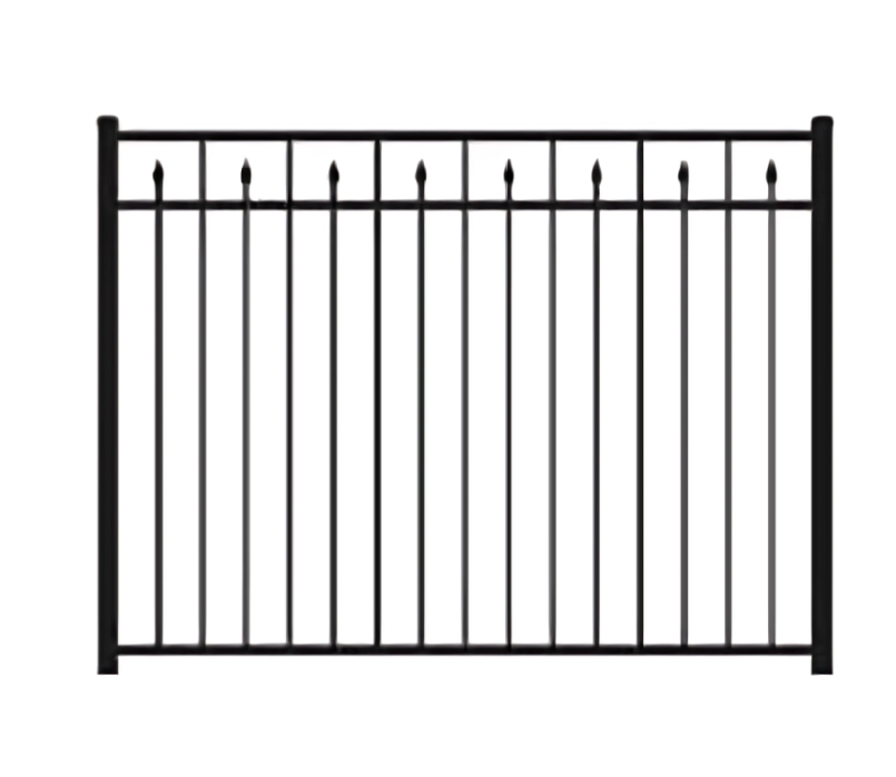 Black metal fence panel with vertical bars and spear-shaped finials on the top, set against a white background.