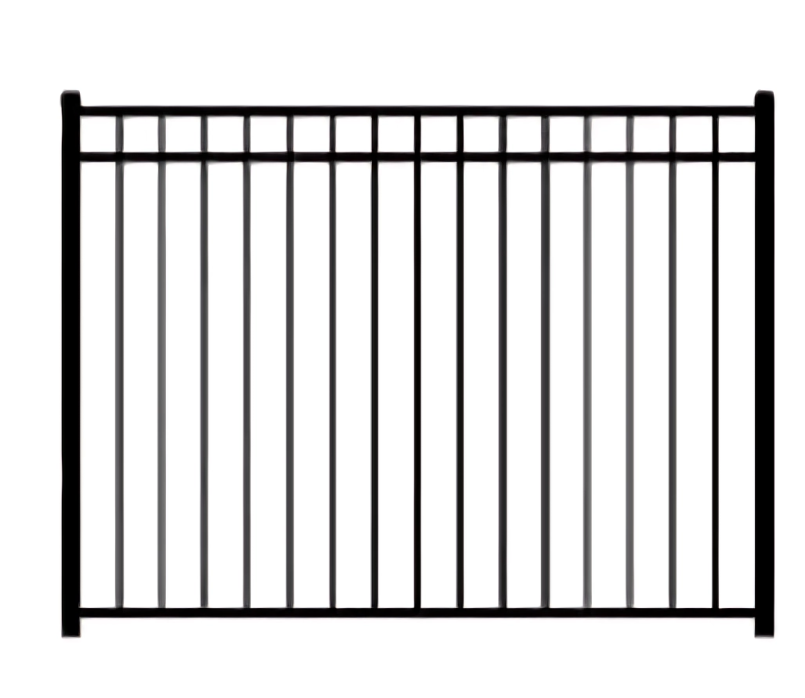 Black metal fence panel with vertical bars and two horizontal rails, displayed against a plain white background.