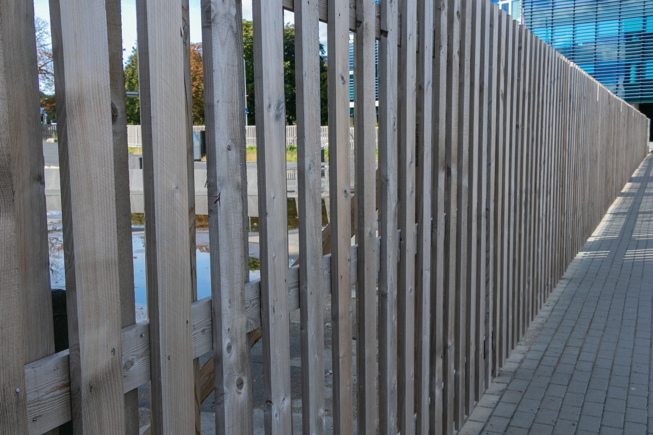 Wooden slatted fence beside paved walkway
