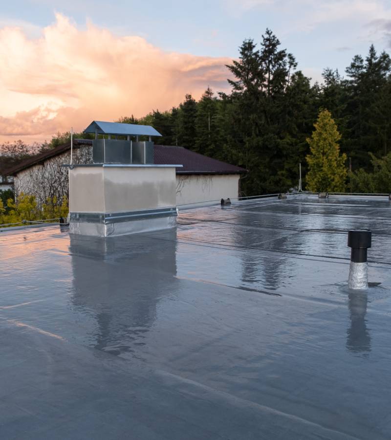 Reflective flat rooftop with vents and trees