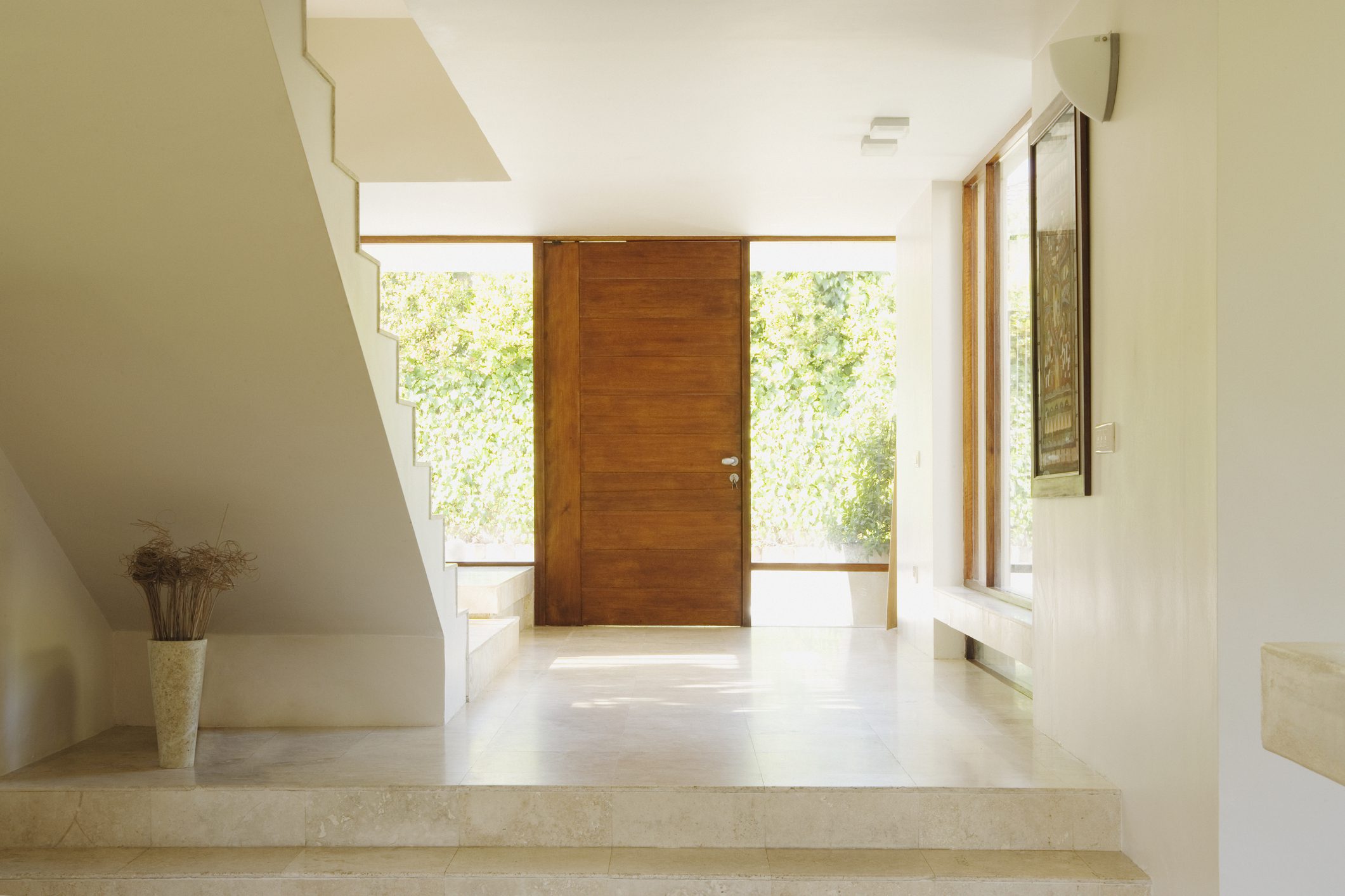 Sunlit contemporary foyer with wooden front door