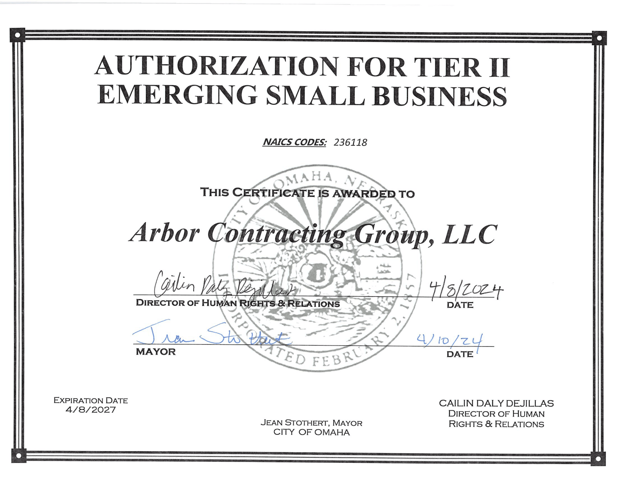 Arbor Contracting Group Tier II authorization certificate