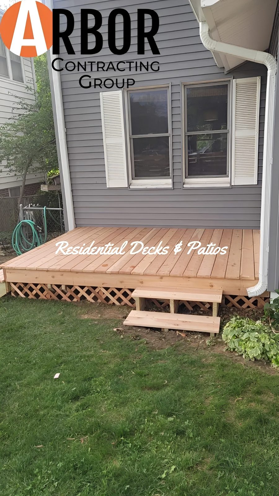 Residential backyard wooden deck with steps