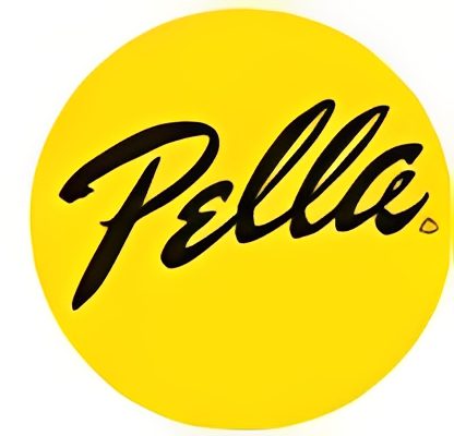 Yellow circular logo with black "Pelle" script