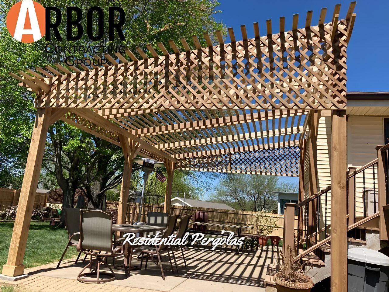 Wooden pergola over backyard patio with furniture