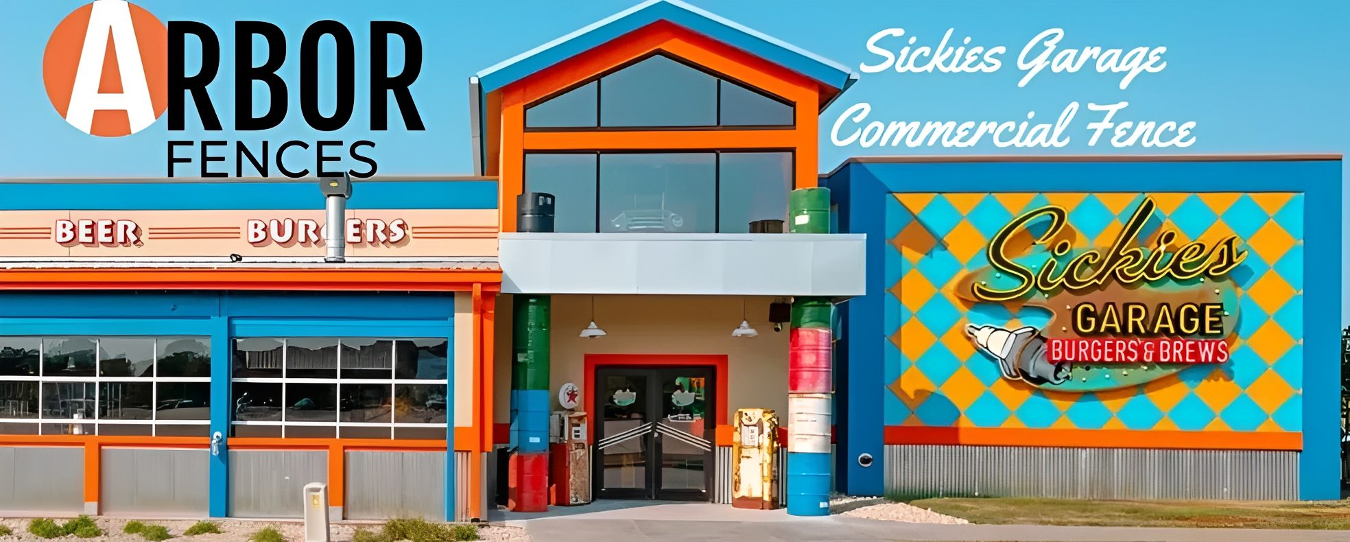 Colorful Sickies Garage restaurant exterior with signage