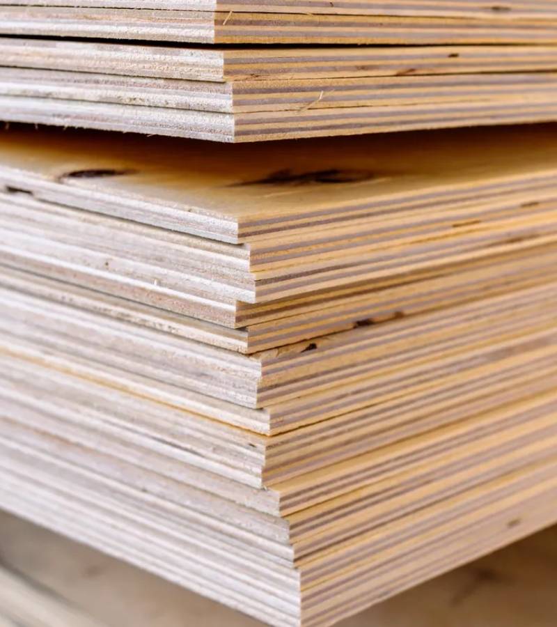 Close-up of stacked plywood sheet edges