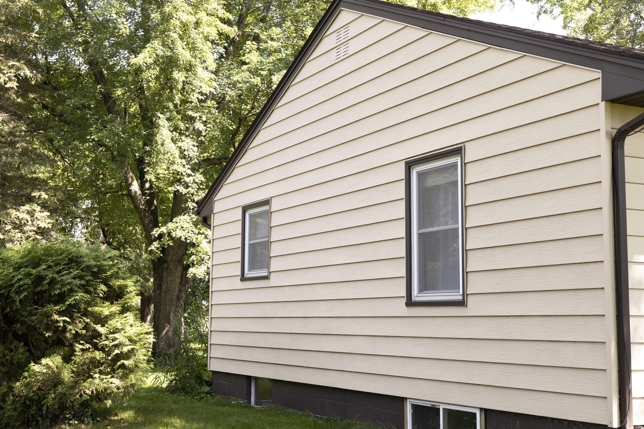 Rambler house with yellow siding and two windows