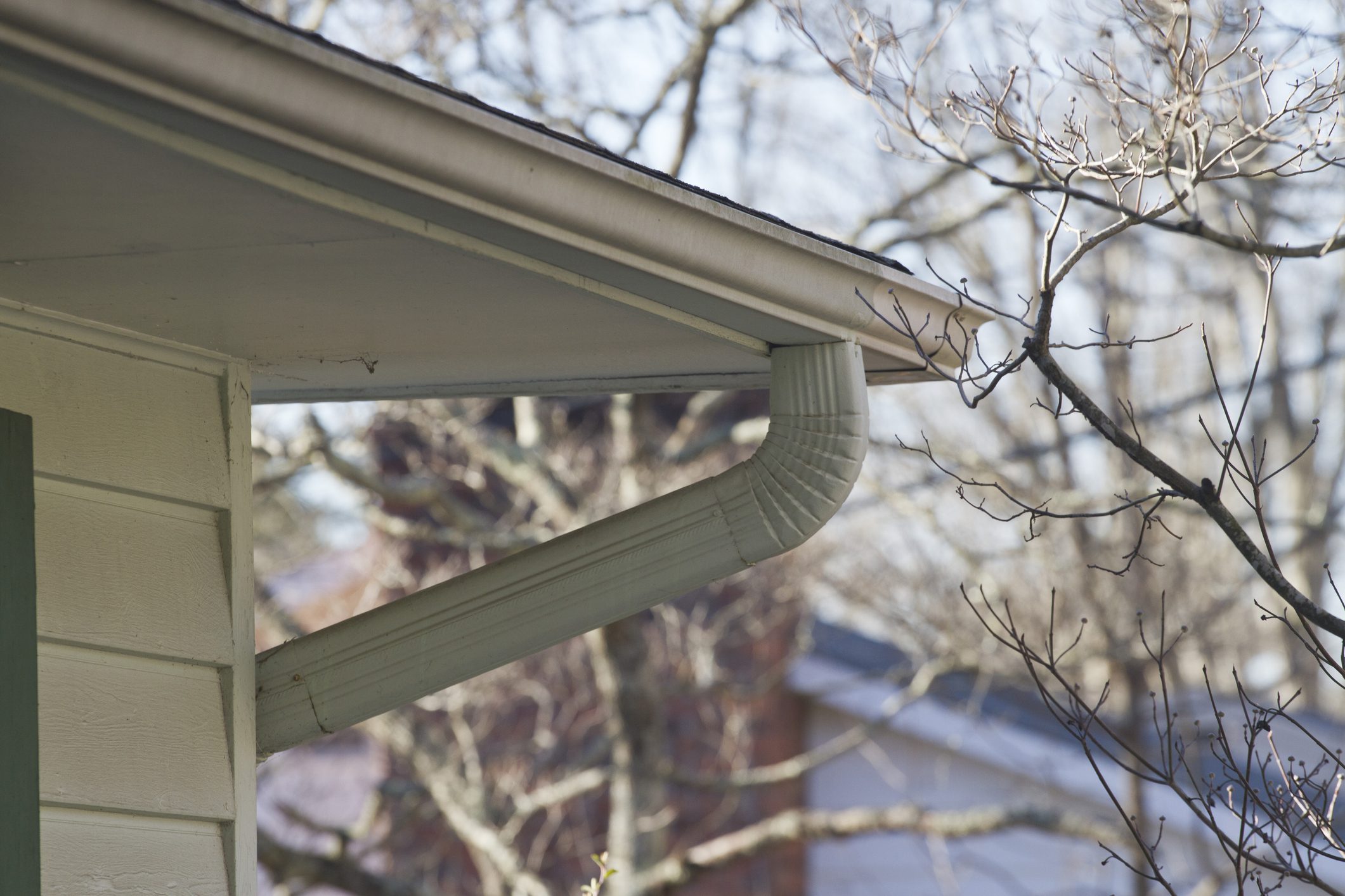 Close up of a rain gutter in early Spring