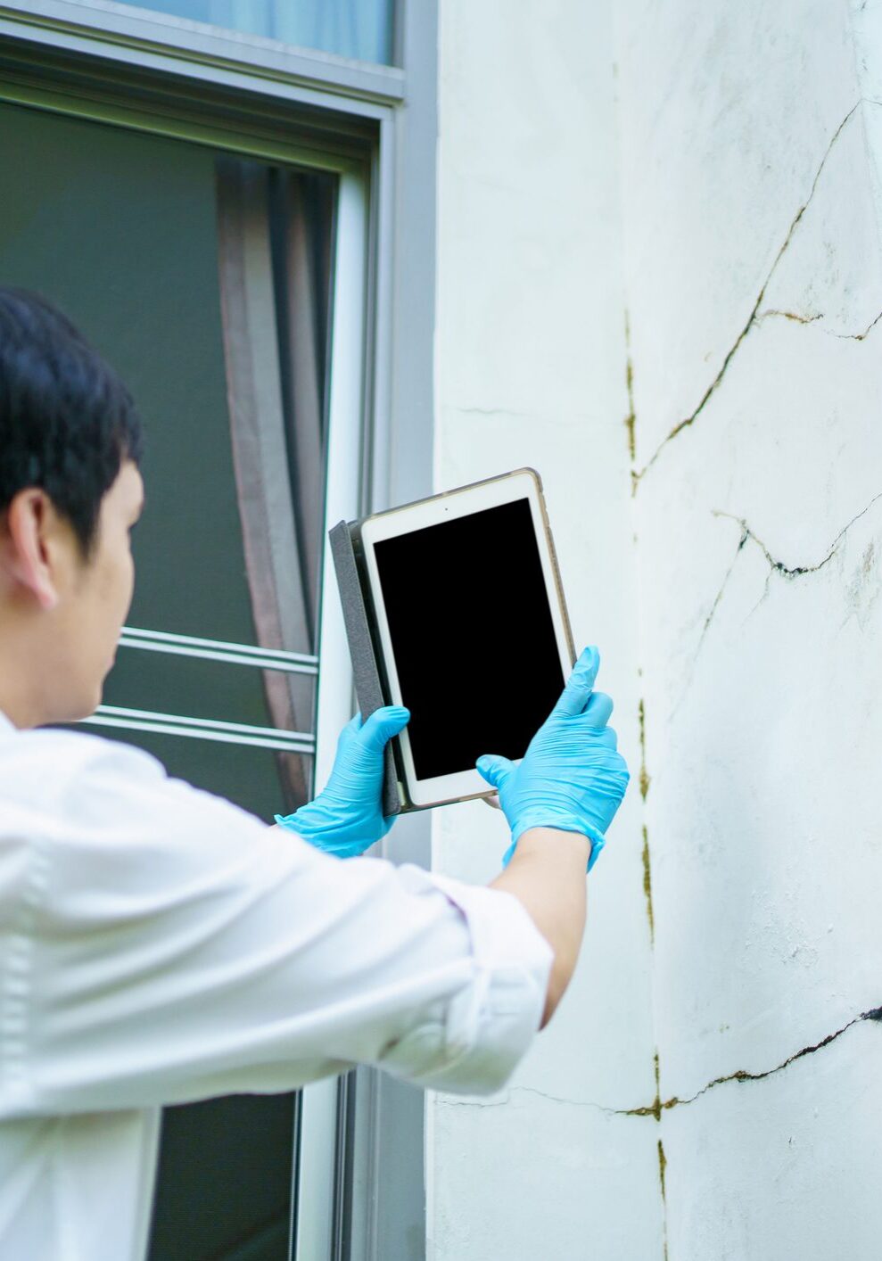 Inspector holding tablet examining cracked building column