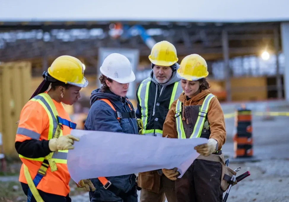 Construction workers reviewing blueprint at job site