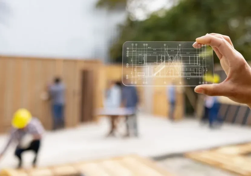 Hand holding transparent blueprint overlay at construction site